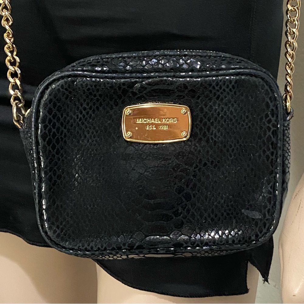 MICHAEL KORS Black Snakeskin Leather Small Crossbody Bag